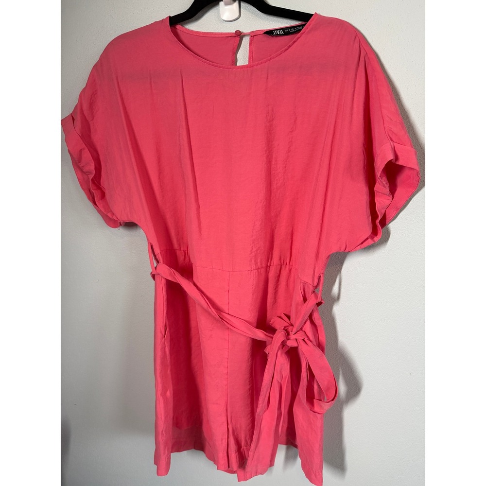 Zara Womens Romper Size S Pink Short Sleeve Belted Pockets Summer Barbiecore